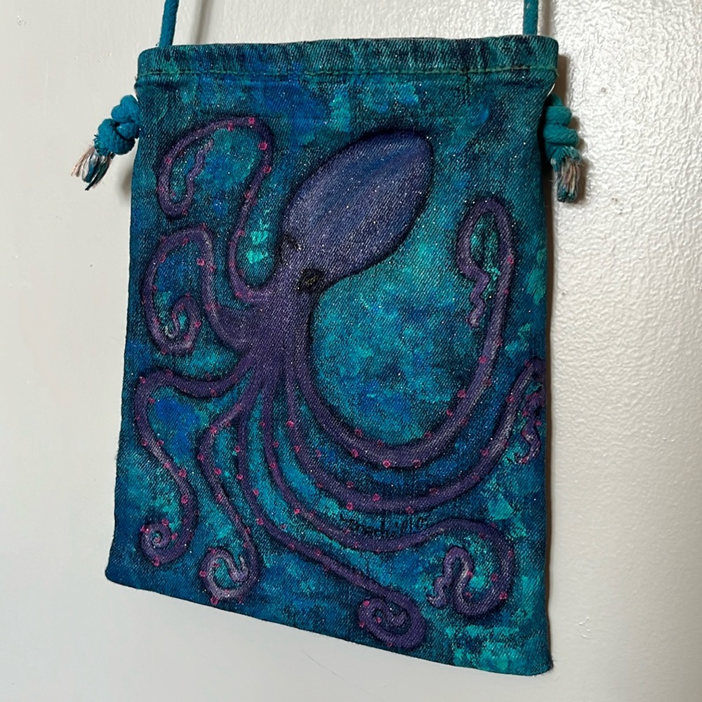 Repurposed Jean Shoulder Bag with Hand Painted Octopus